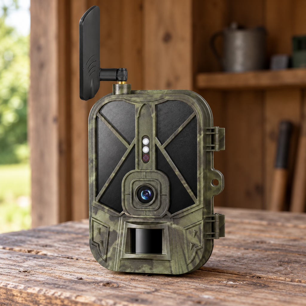 4G-Wildkamera mit Akku auf einem Holztisch