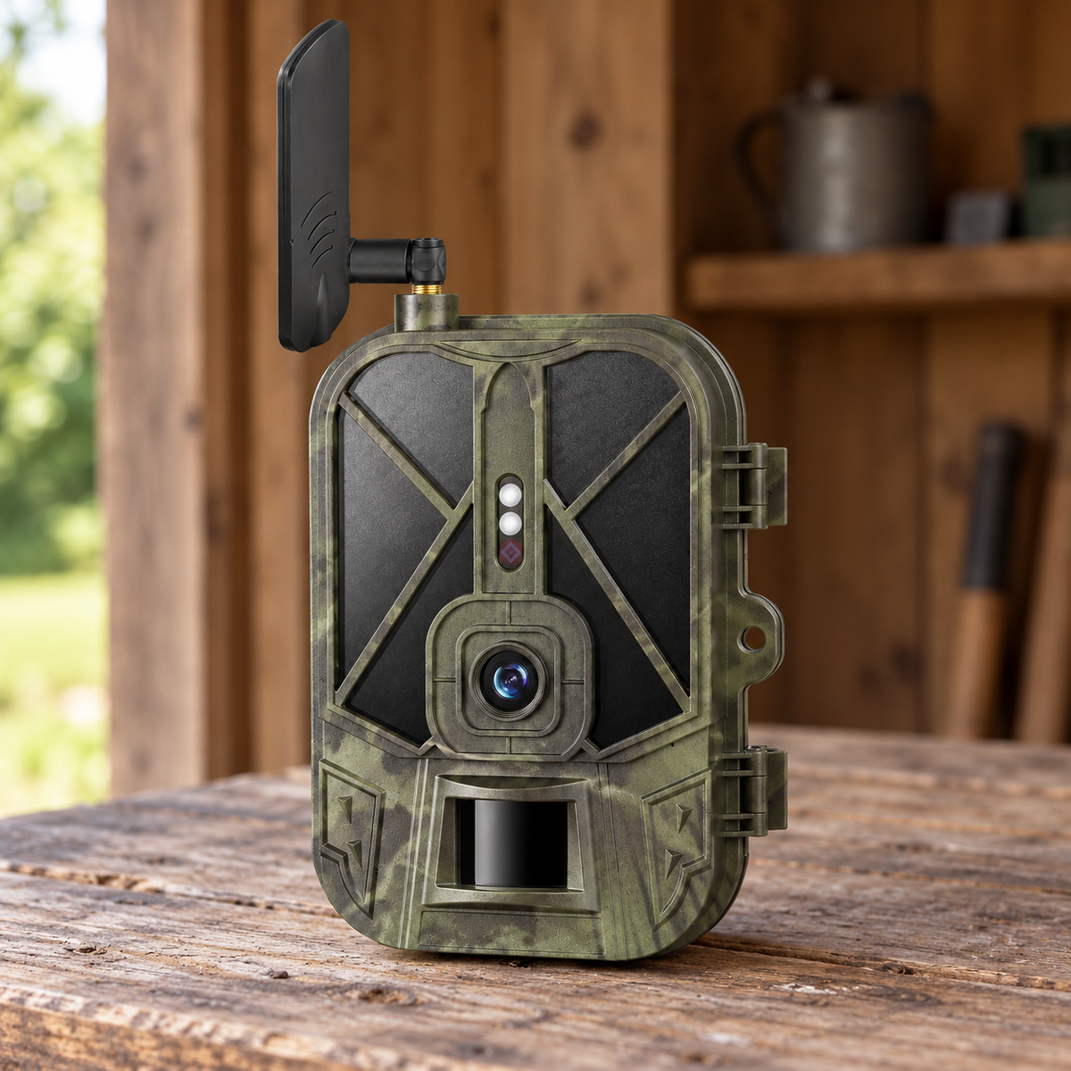 4G-Wildkamera mit Akku auf einem Holztisch