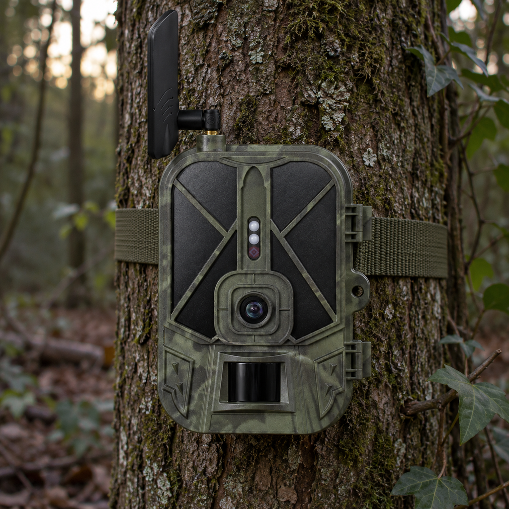 4G-Wildkamera im Wald bei schwachem Licht befestigt