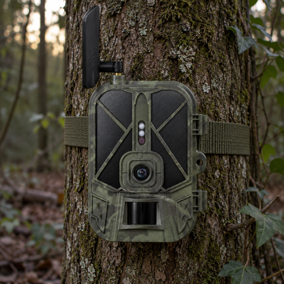 4G-Wildkamera im Wald bei schwachem Licht befestigt