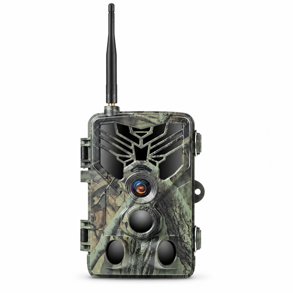 Caméra de chasse connectée camouflage avec antenne, vue de face sur fond blanc