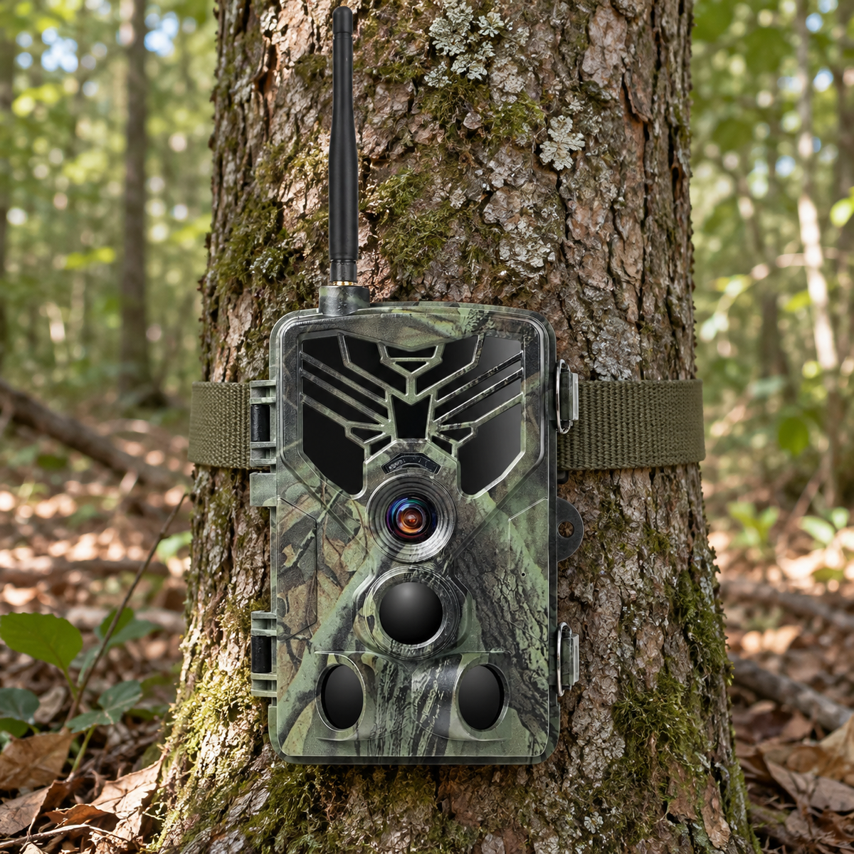 Caméra de chasse connectée fixée par une sangle à un arbre en forêt
