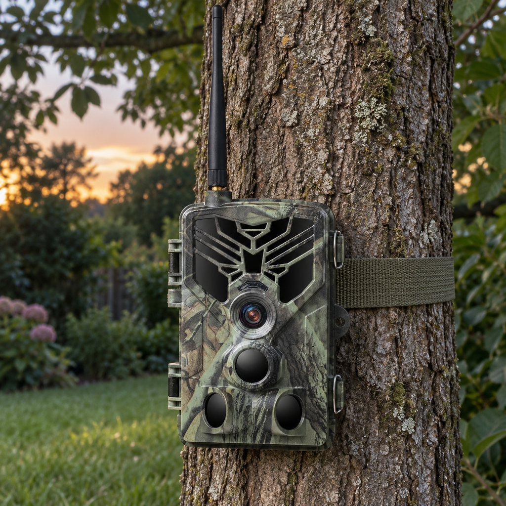 Caméra de chasse connectée installée sur un arbre dans un jardin au crépuscule