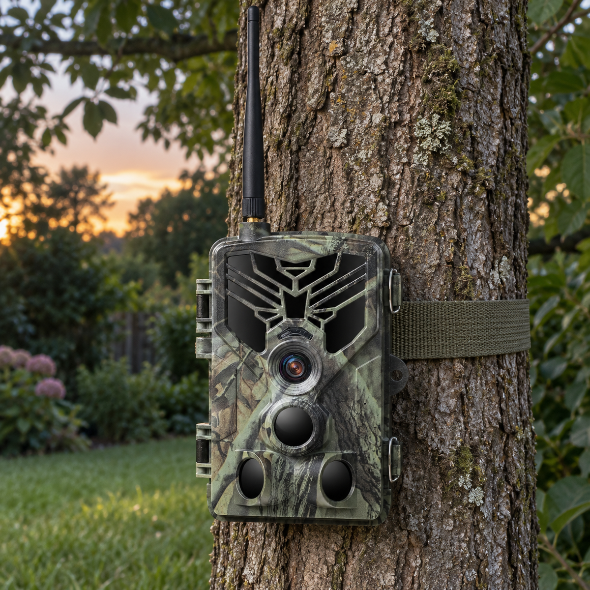 Caméra de chasse connectée installée sur un arbre dans un jardin au crépuscule