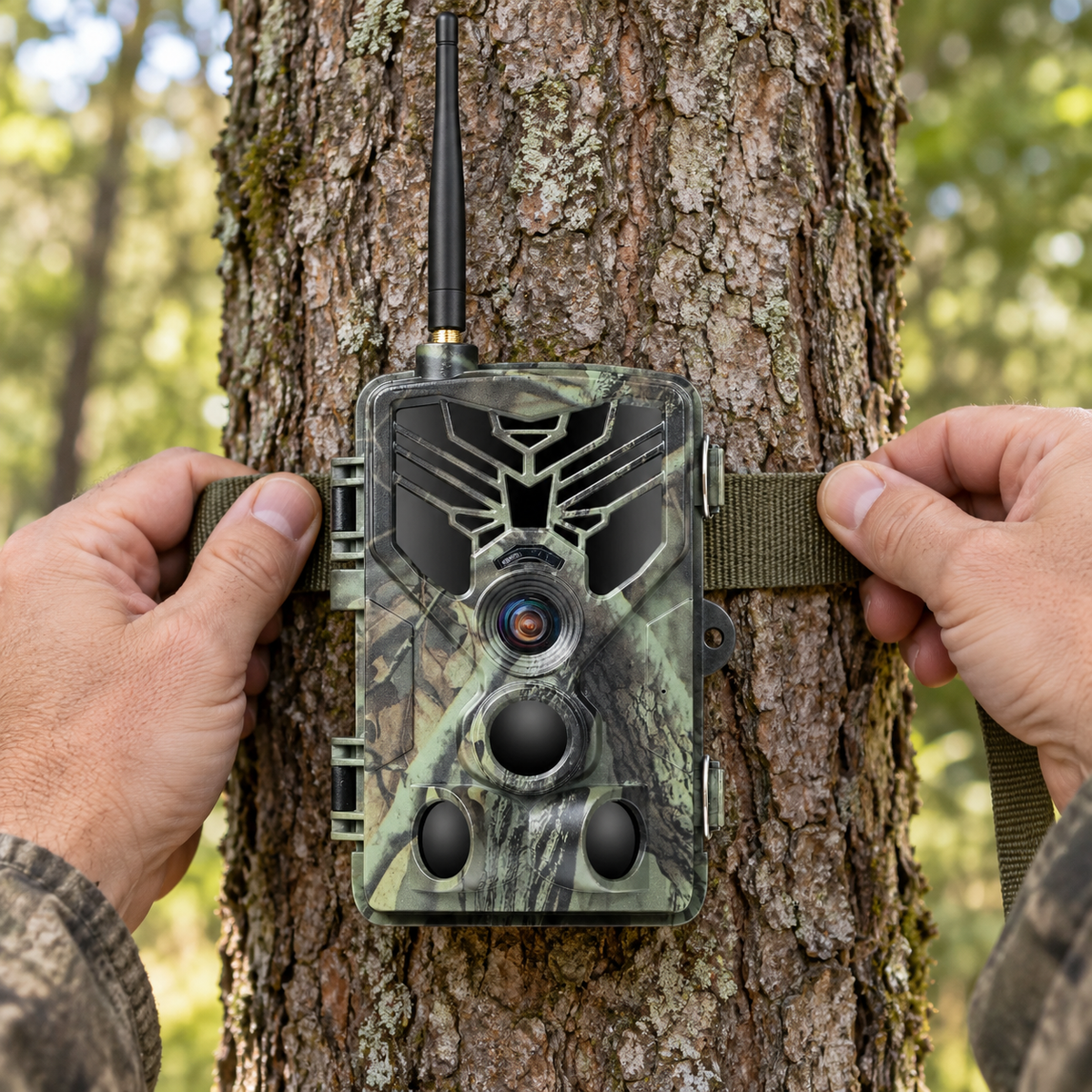 Mains ajustant la sangle de fixation de la caméra sur un arbre