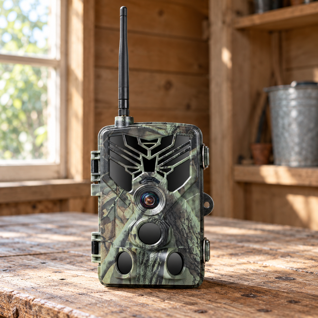 Caméra de chasse connectée posée sur une table en bois