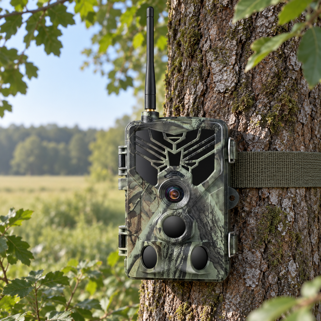 Caméra de chasse connectée installée en lisière sous la lumière du matin