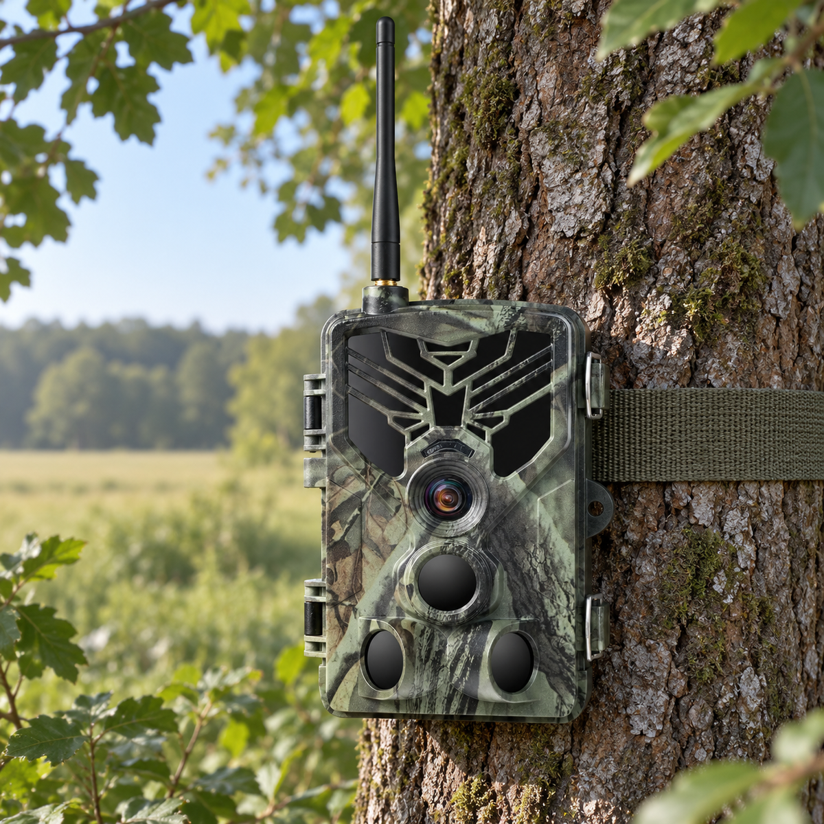 Caméra de chasse connectée installée en lisière sous la lumière du matin