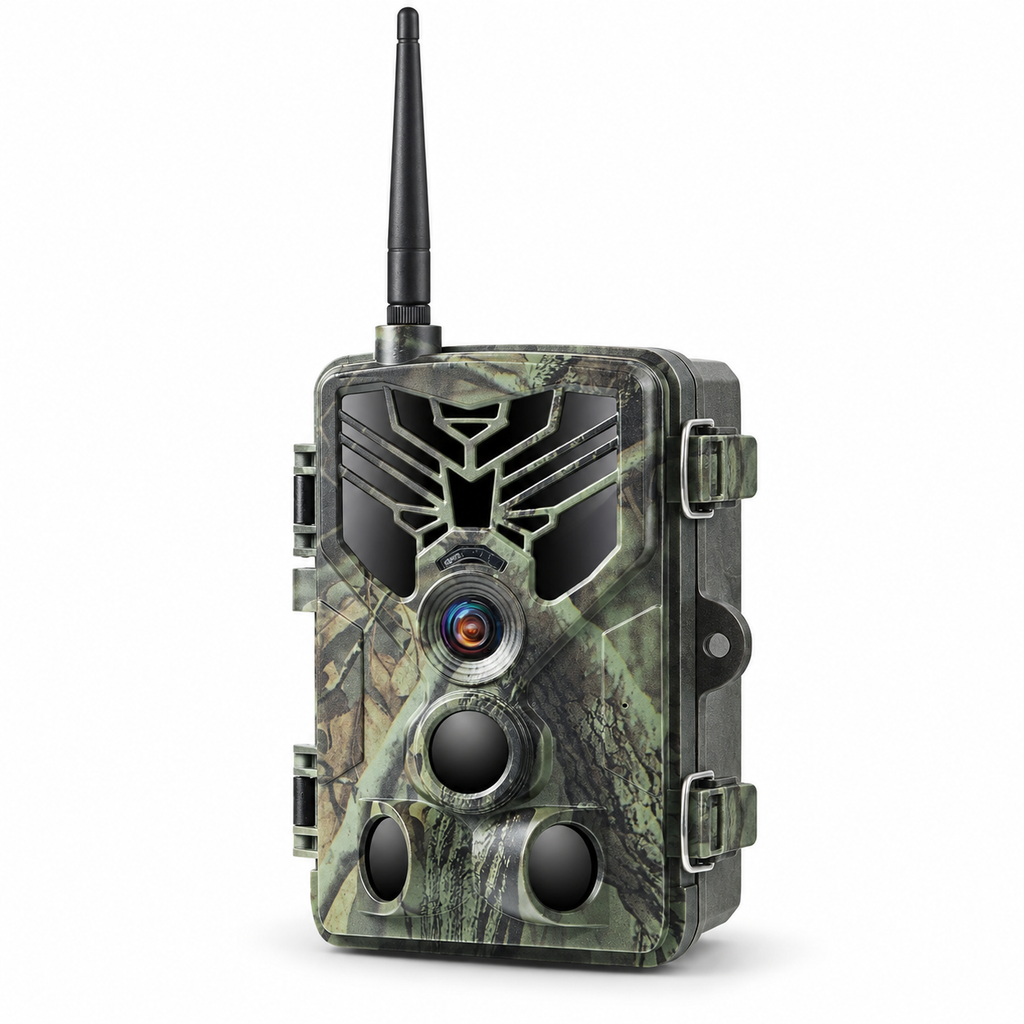 Caméra de chasse connectée avec antenne, vue en trois-quarts sur fond blanc