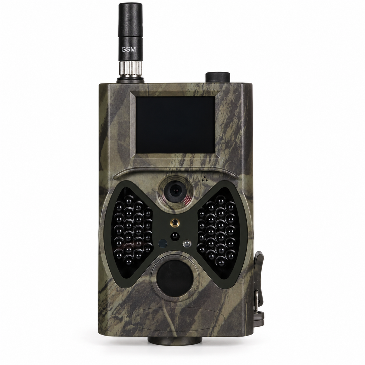Caméra de chasse GSM 12 MP camouflage vue de face sur fond blanc