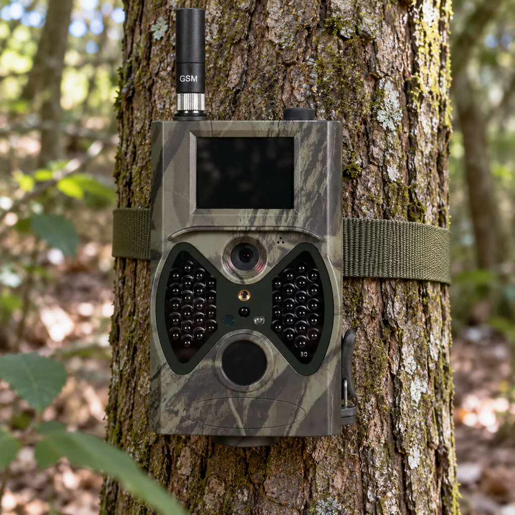 Caméra GSM camouflage fixée sur un arbre en forêt