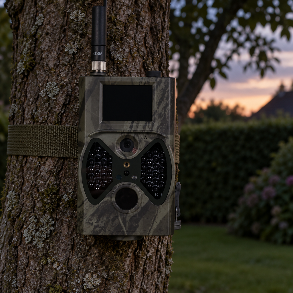 Caméra GSM installée dans un jardin au crépuscule