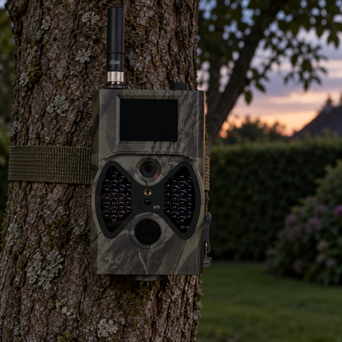 Caméra GSM installée dans un jardin au crépuscule