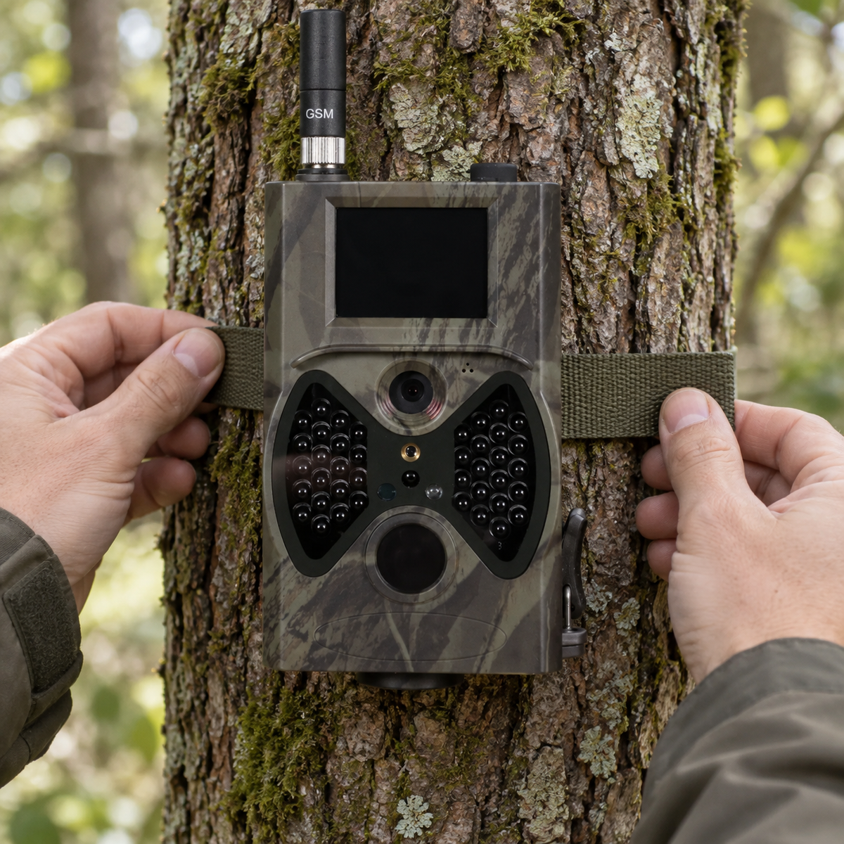 Mains ajustant la sangle de la caméra GSM sur un arbre
