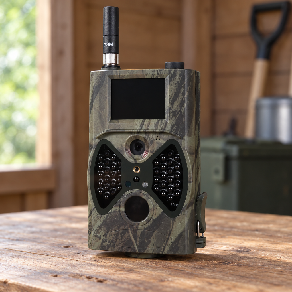 Caméra de chasse GSM posée sur une table en bois
