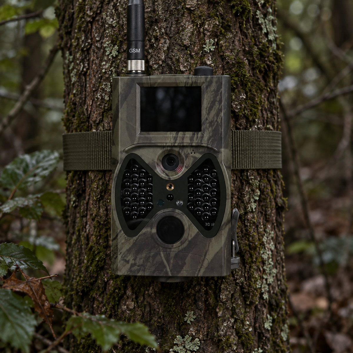 Caméra GSM fixée en forêt sous une faible lumière