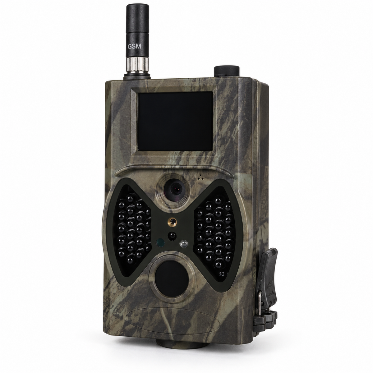 Caméra de chasse GSM camouflage vue de trois-quarts sur fond blanc