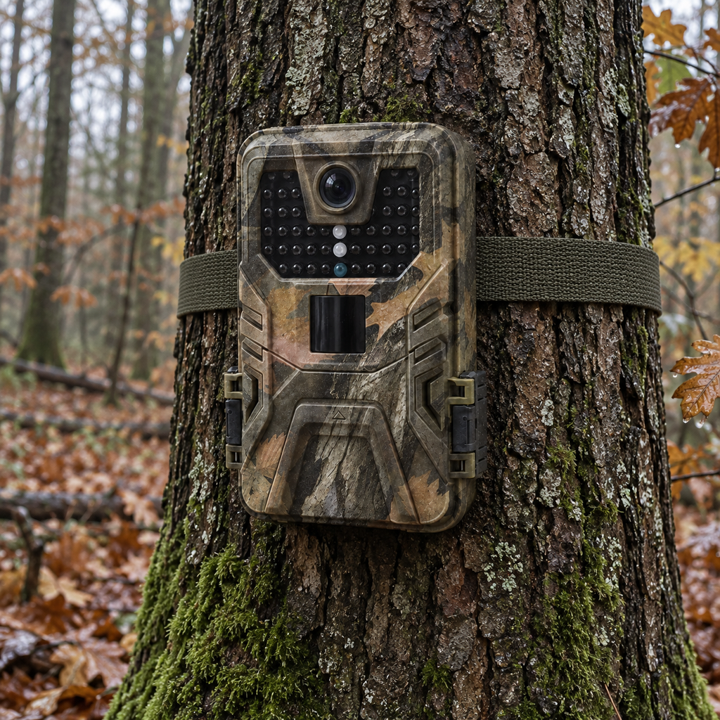 Caméra de chasse 36 MP Full HD avec écran — vue de face fixée sur un arbre