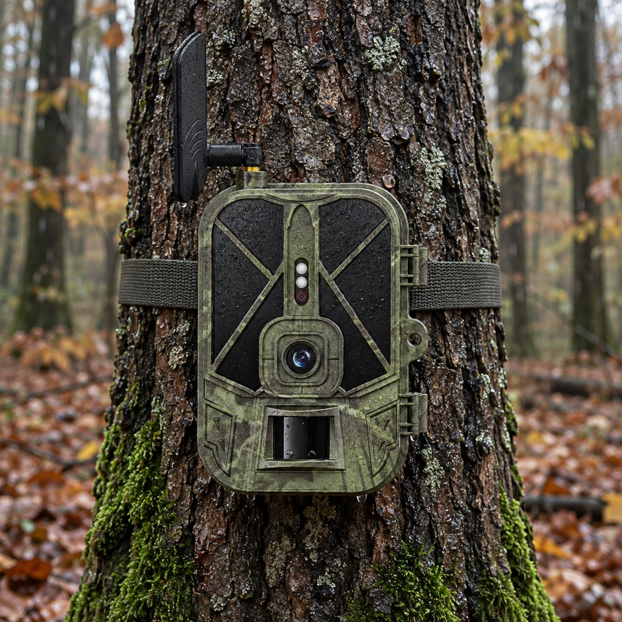 4G-Wildkamera mit wiederaufladbarem 10.000-mAh-Akku – Vorderansicht am Baum befestigt