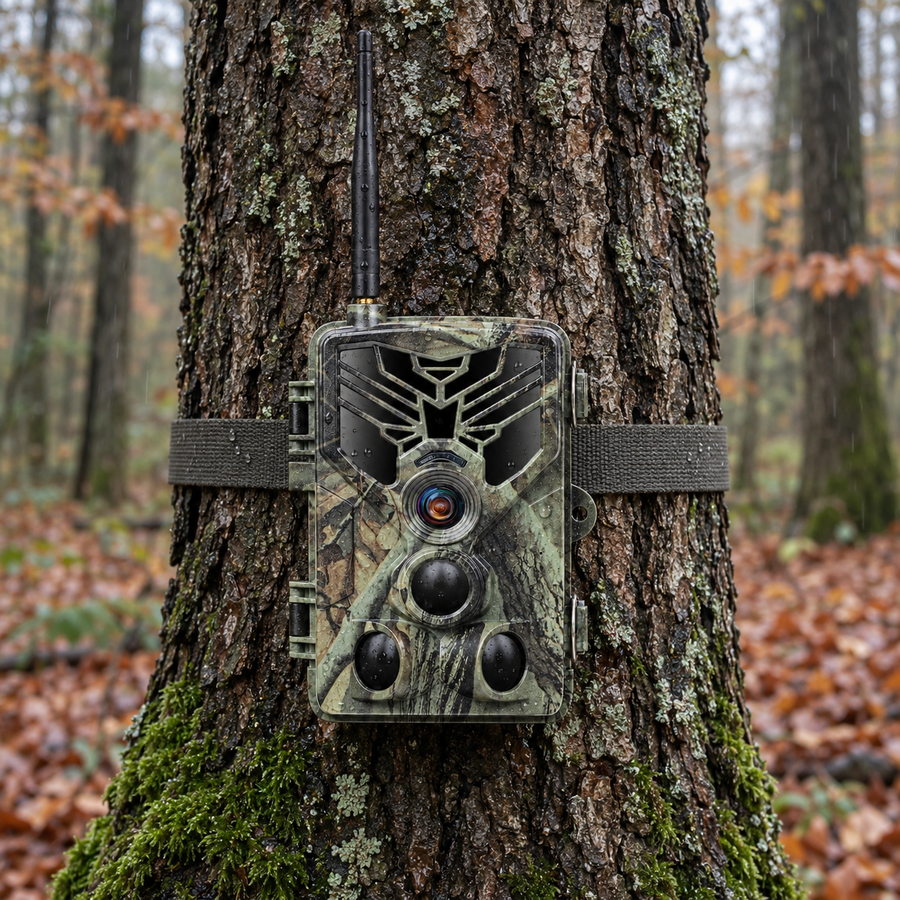 Caméra de chasse connectée 36 MP avec alertes GSM — vue de face fixée sur un arbre