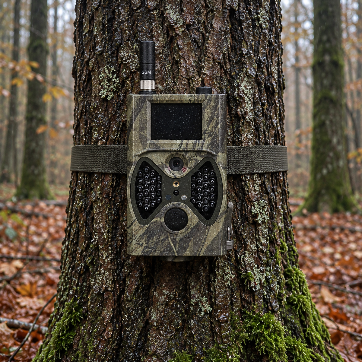 Caméra de chasse GSM 12 MP avec vision nocturne — vue de face fixée sur un arbre