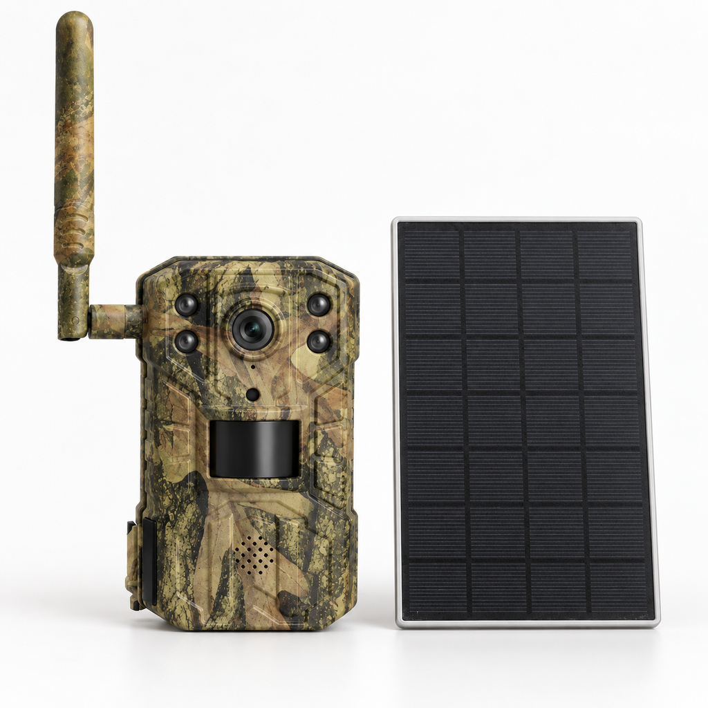 Caméra de chasse 4G et panneau solaire séparé, vue de face sur fond blanc