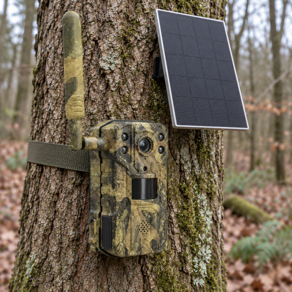 Caméra de chasse 4G installée sur un arbre en forêt