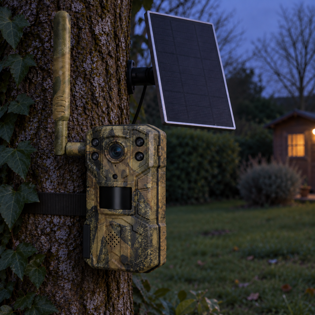 Caméra solaire 4G dans un jardin au crépuscule