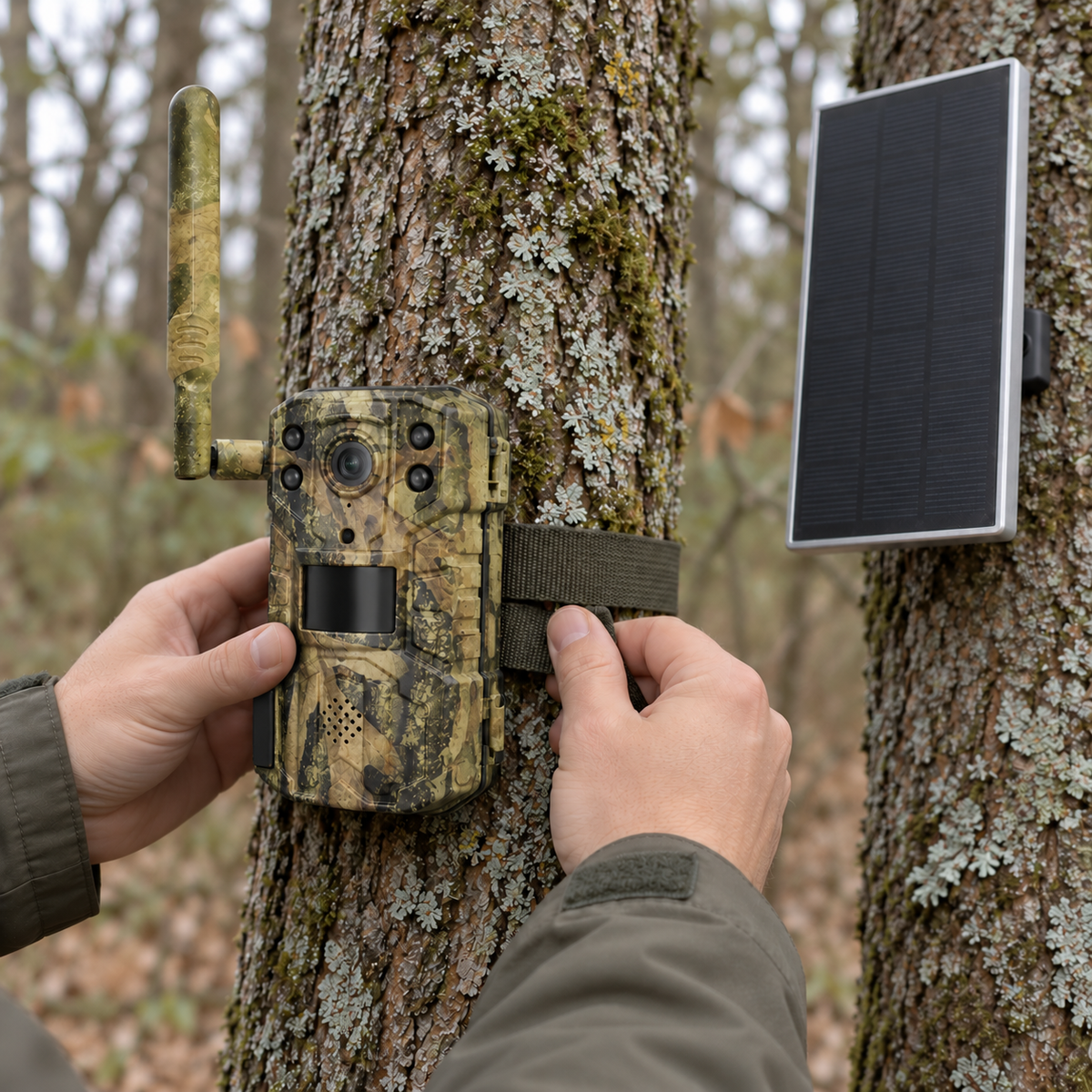 Mains ajustant la fixation de la caméra sur un arbre