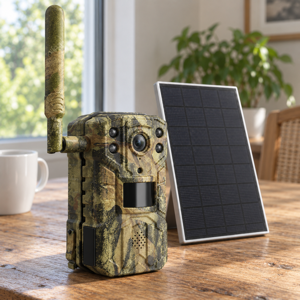 Caméra de chasse et panneau solaire sur une table en bois