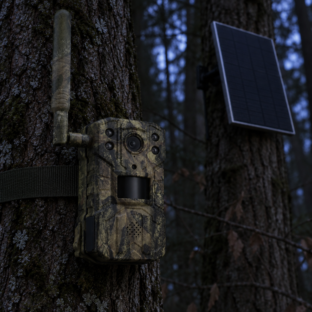 Caméra installée en forêt sous une lumière faible