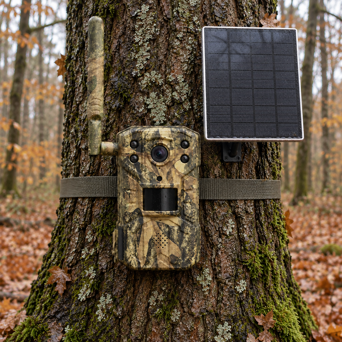 Caméra de chasse solaire 4G avec panneau séparé — vue droite et strictement de face sur un arbre