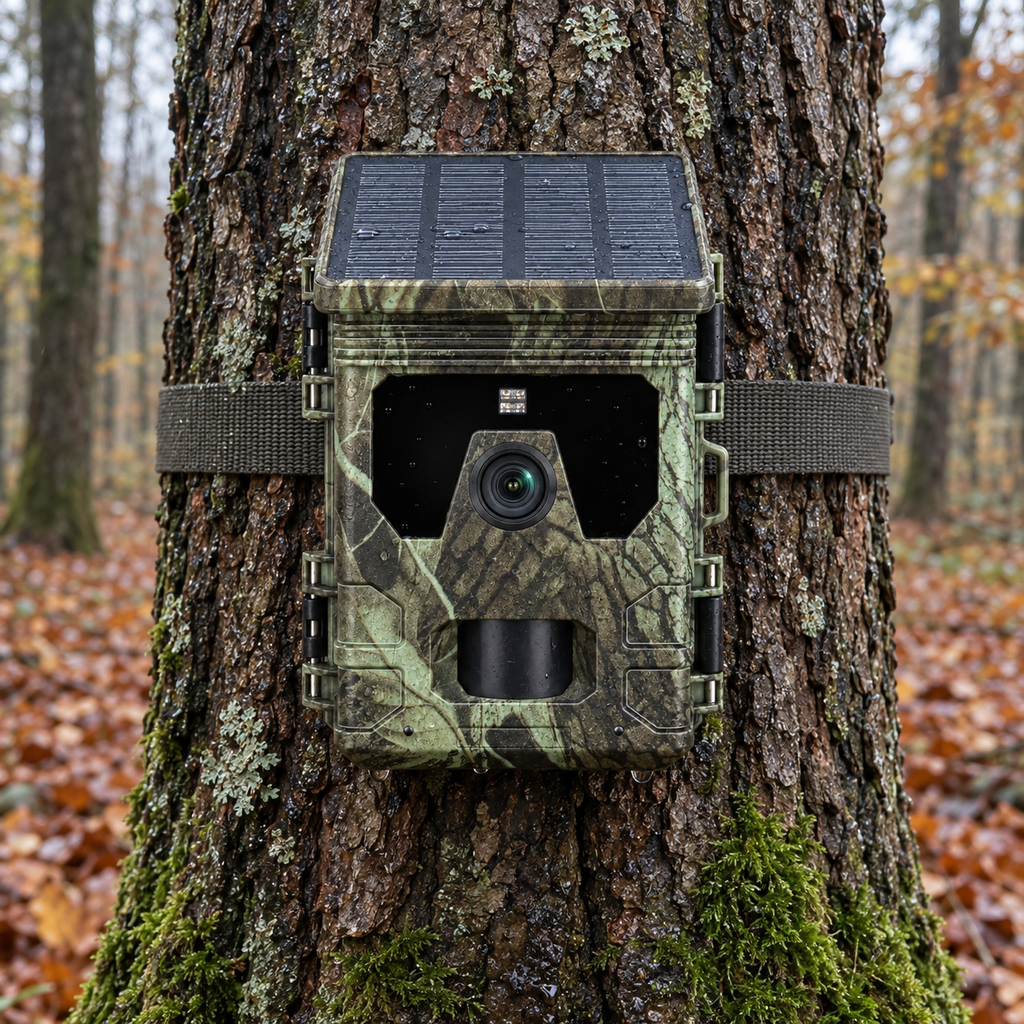 4G-4K-Solar-Wildkamera mit Display und 128-GB-Karte – Vorderansicht am Baum befestigt