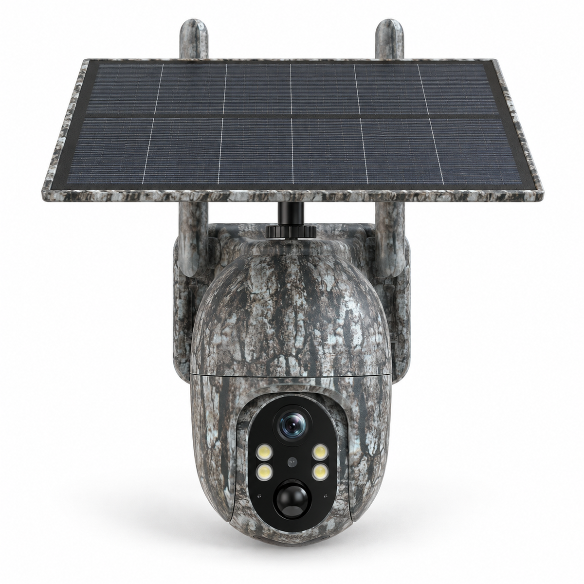 Caméra de chasse solaire 4G orientable vue de face sur fond blanc