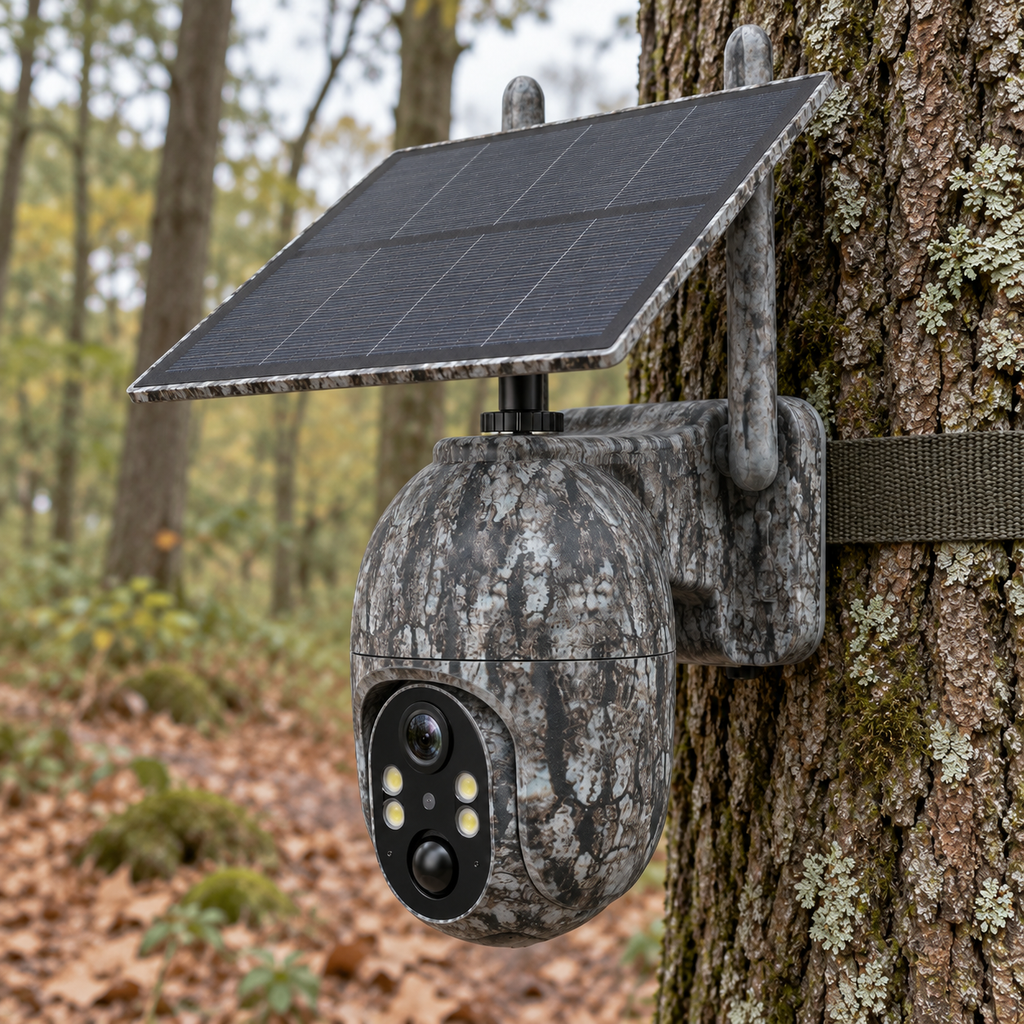 Caméra solaire 4G orientable vue de trois-quarts gauche sur un arbre