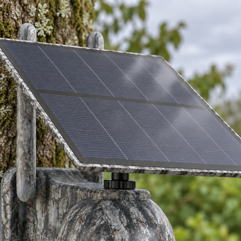 Détail du panneau solaire et de sa fixation sur la caméra 4G