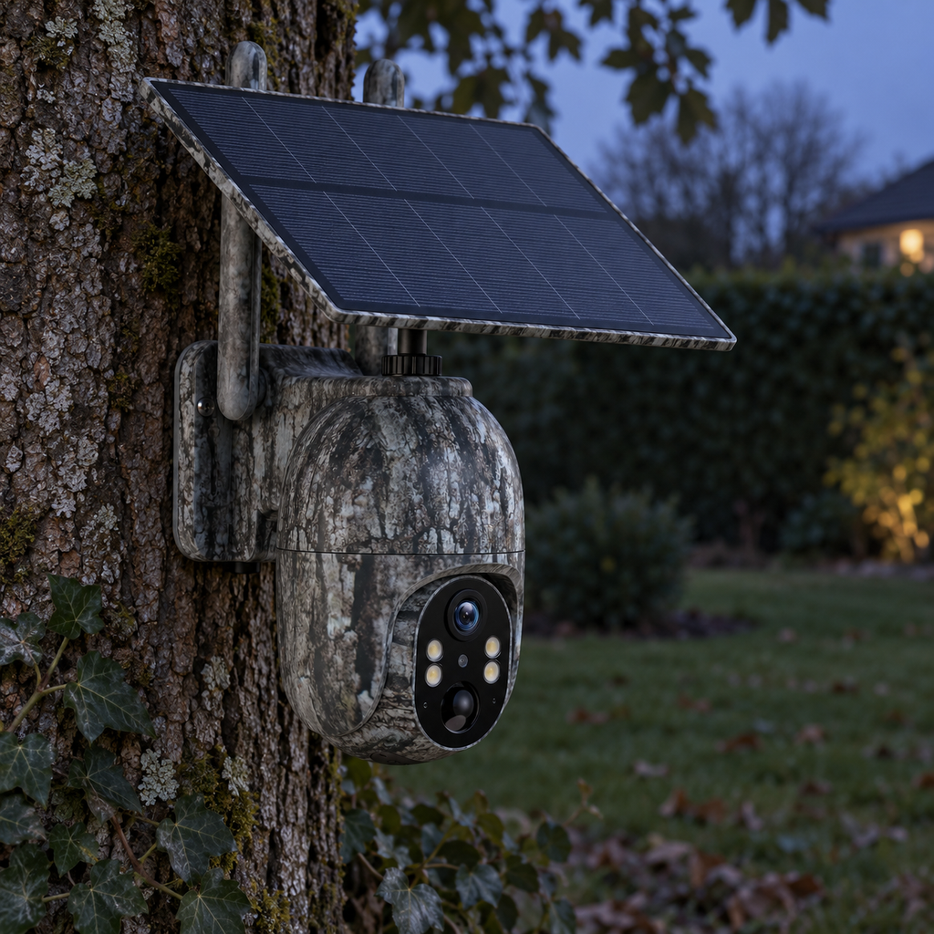 Caméra de chasse 4G solaire orientable dans un jardin au crépuscule