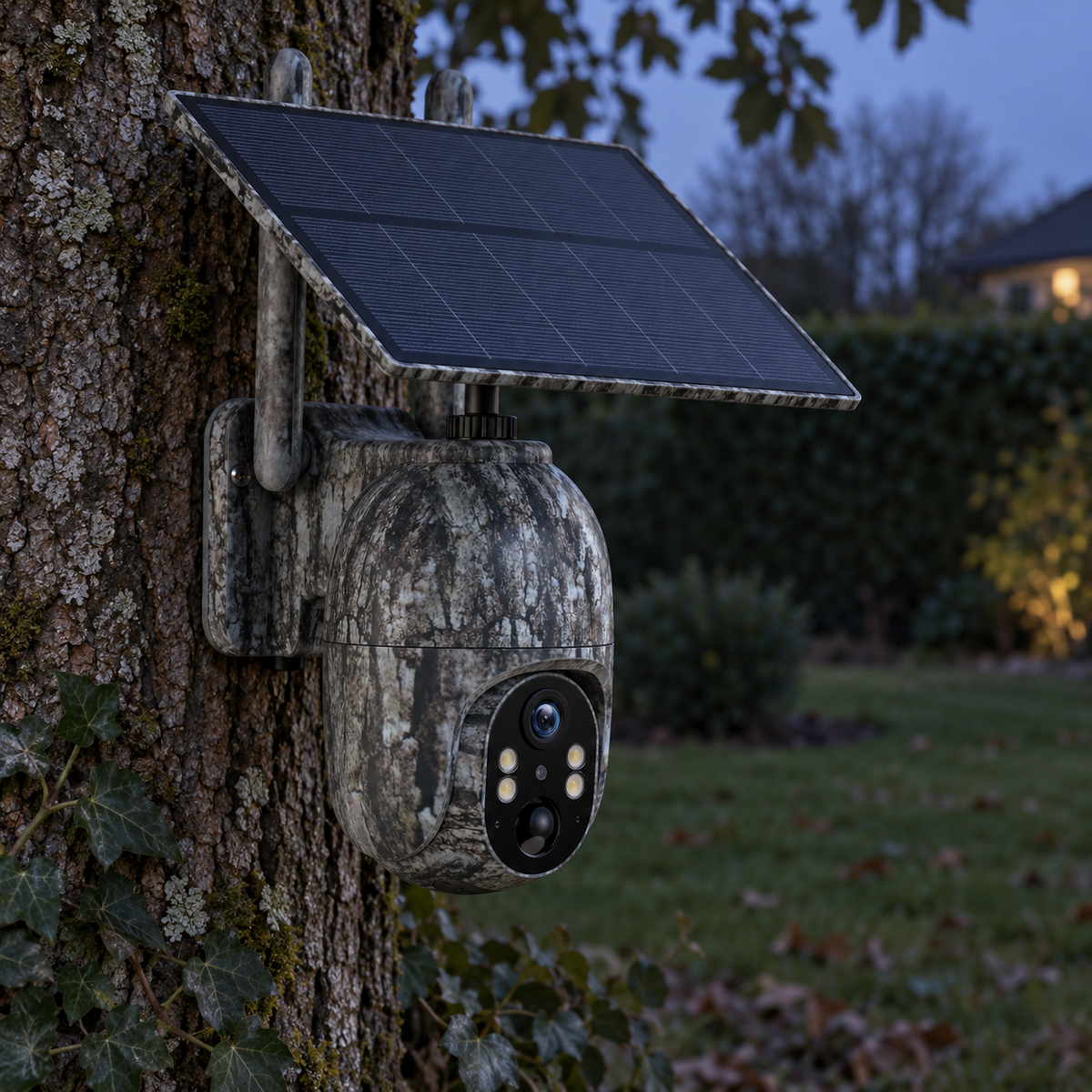 Caméra de chasse 4G solaire orientable dans un jardin au crépuscule