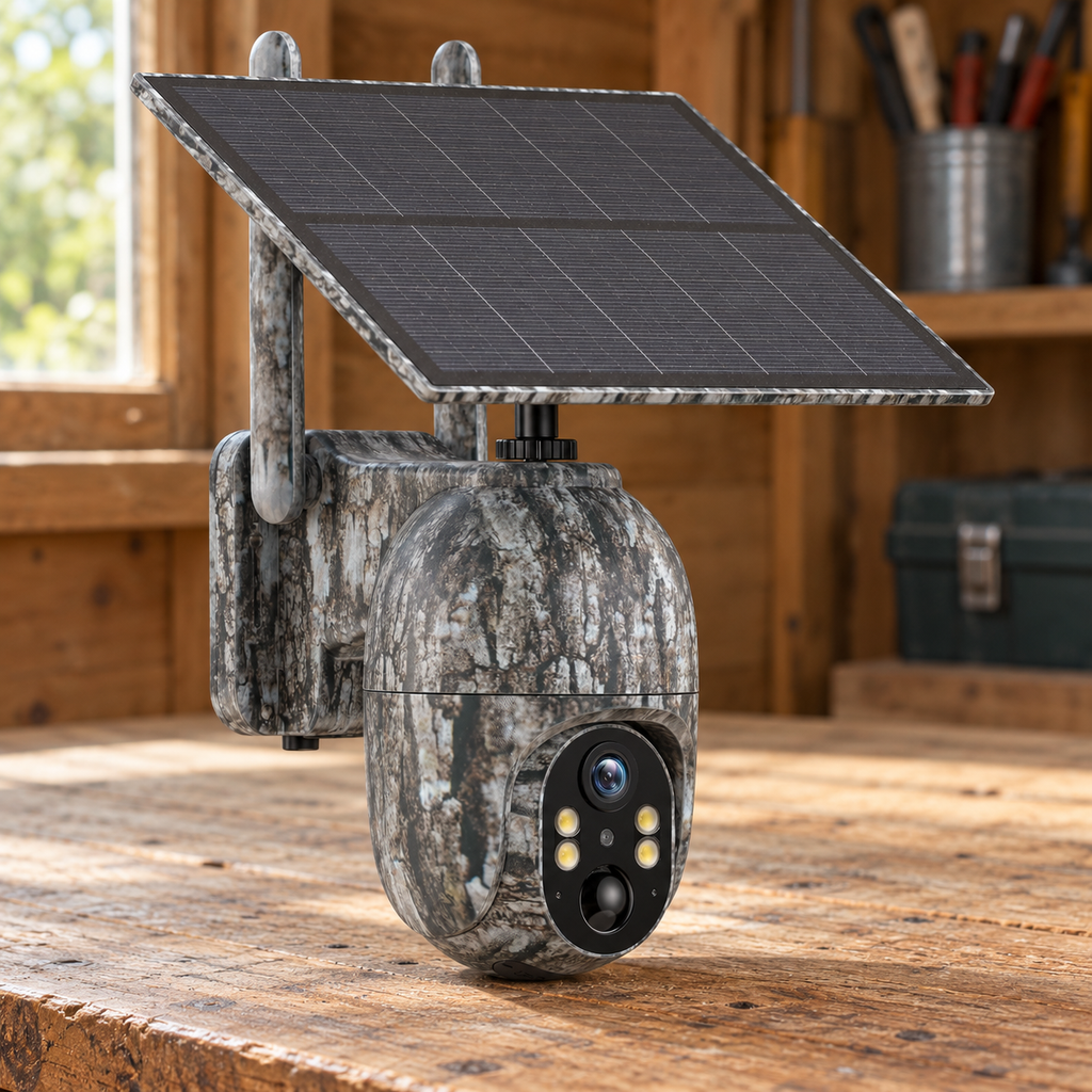 Caméra 4G solaire orientable posée sur une table en bois