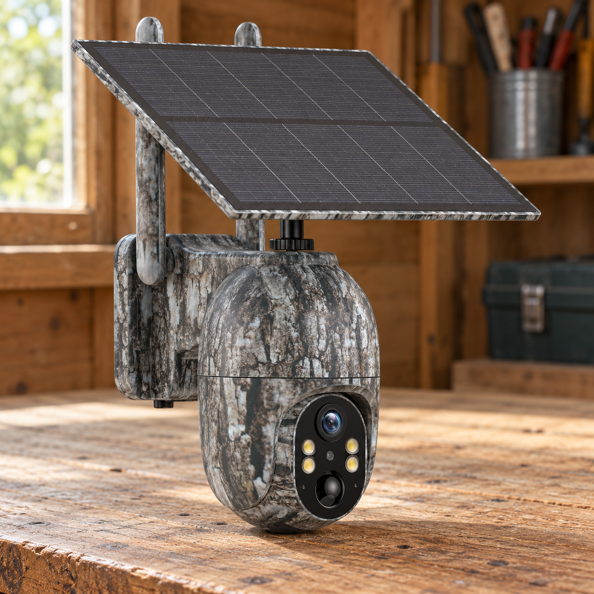 Caméra 4G solaire orientable posée sur une table en bois