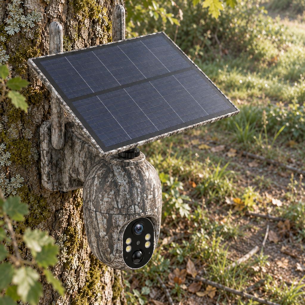 Caméra solaire 4G orientable en lisière vue en plongée oblique