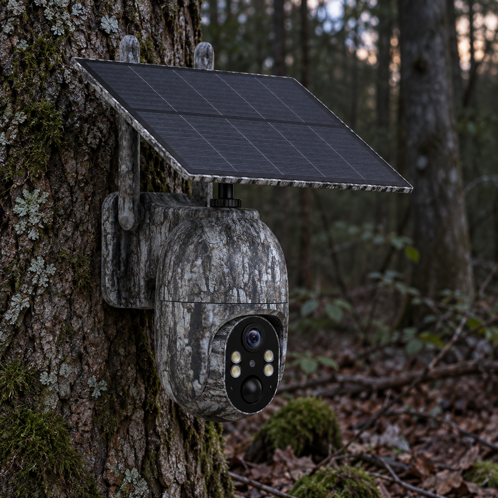 Caméra 4G solaire orientable en forêt sous une lumière faible