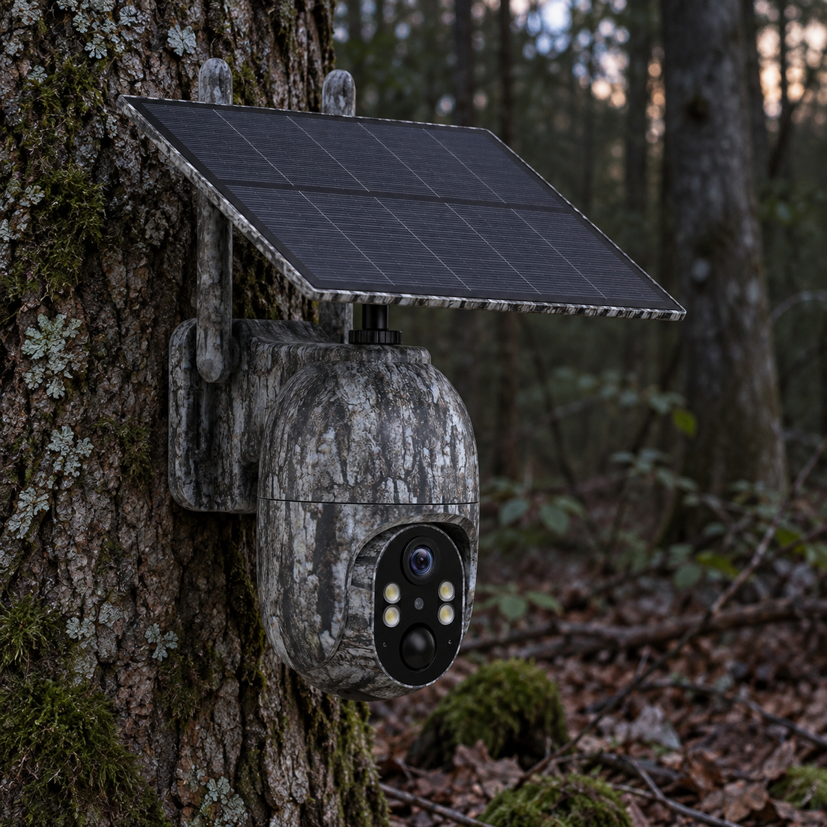 Caméra 4G solaire orientable en forêt sous une lumière faible