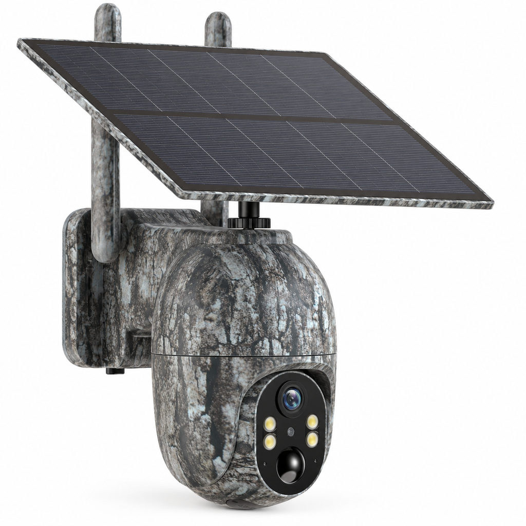 Caméra de chasse solaire 4G orientable vue de trois-quarts sur fond blanc