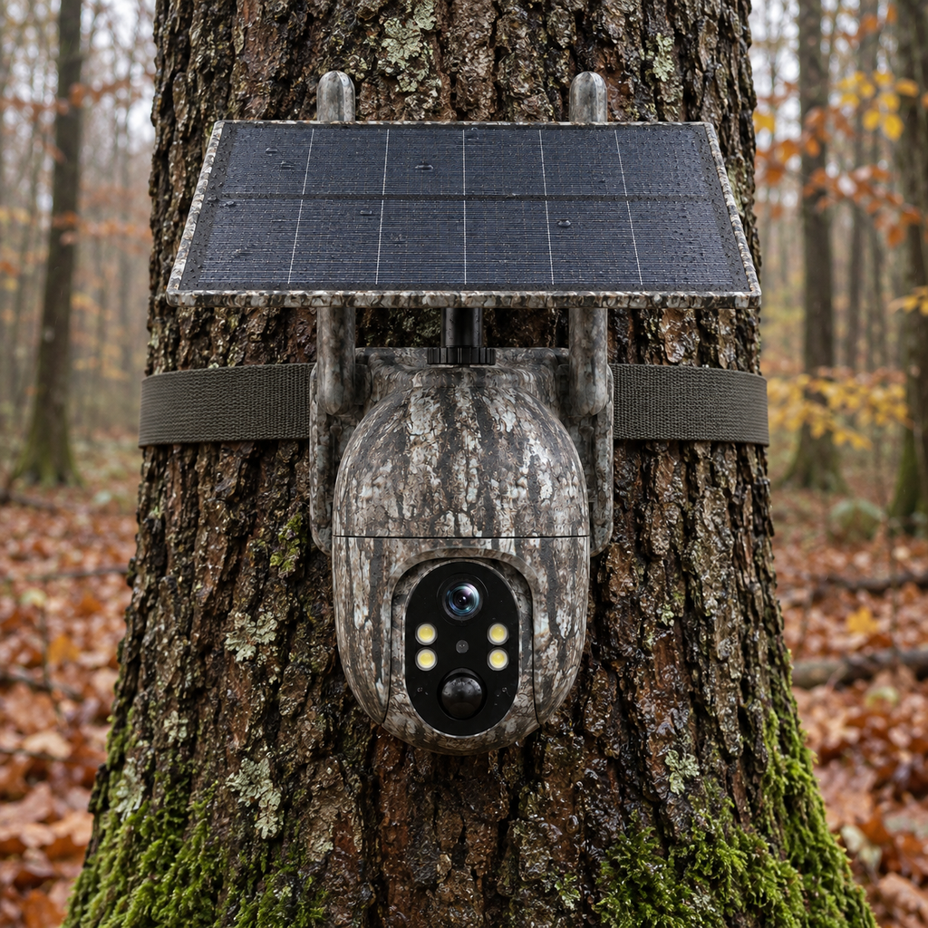 Caméra de chasse solaire 4G orientable 2,5K — vue de face fixée sur un arbre