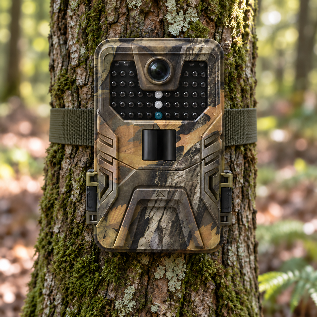 Caméra de chasse 36 MP fixée à un arbre en forêt