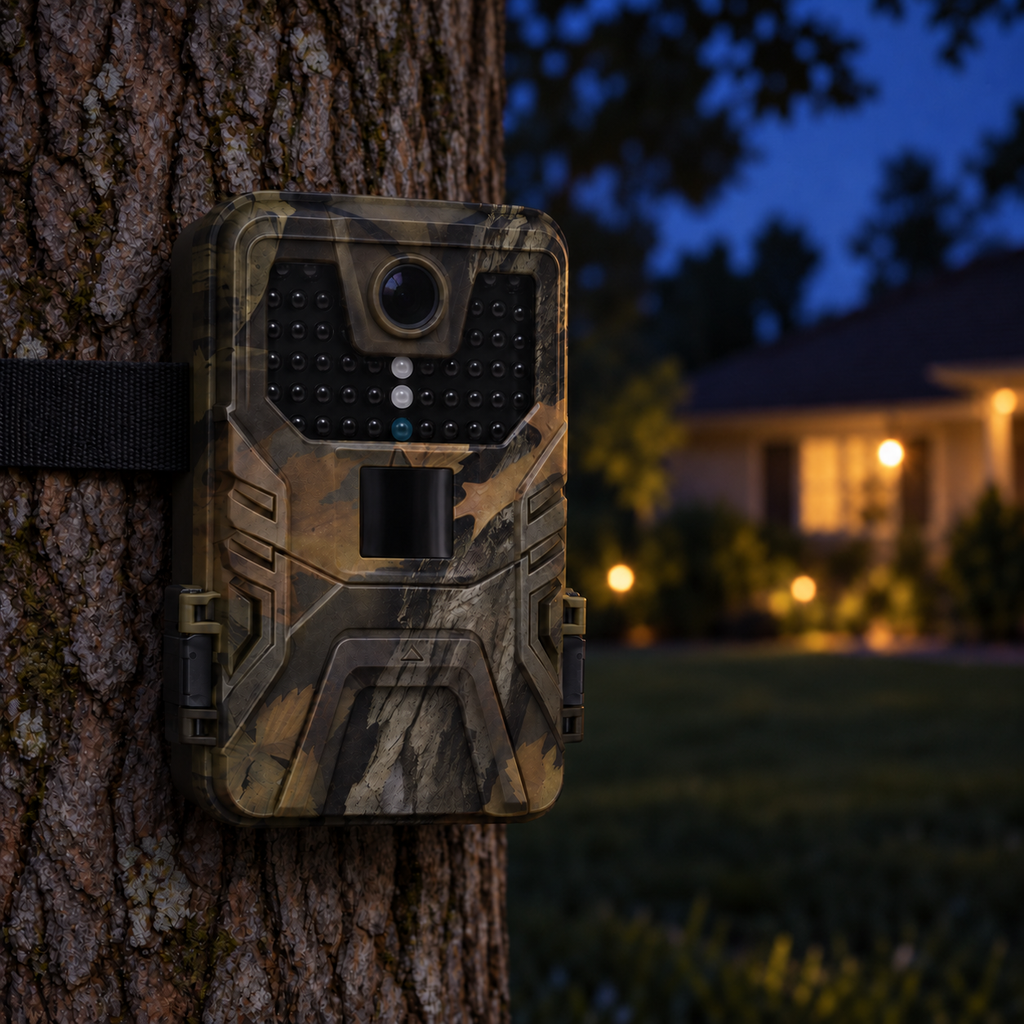 Caméra de chasse installée dans un jardin à la tombée de la nuit