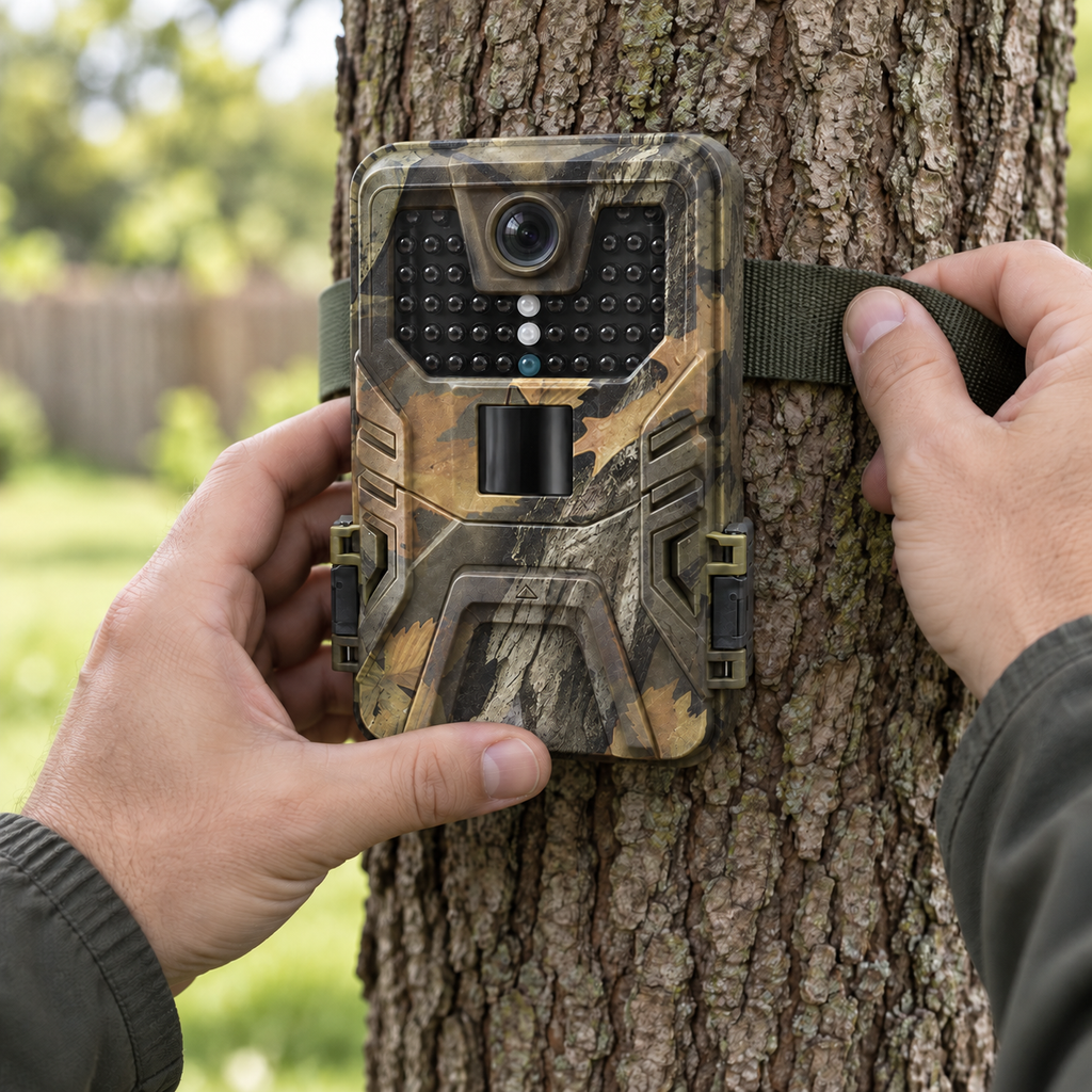 Fixation de la caméra à un arbre avec sa sangle