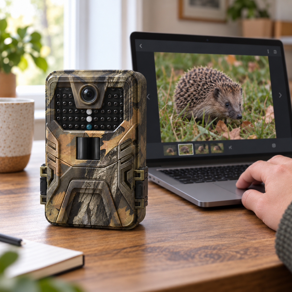 Caméra sur une table lors de la consultation de photos de faune