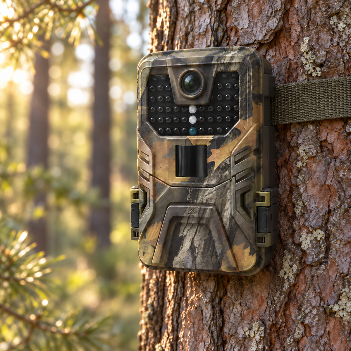 Caméra de chasse fixée à un pin dans la lumière du matin